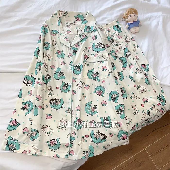 Ensemble pyjama Kawaii Hatsune Miku pour femmes, doux et confortable, manches longues, pantalon, vêt