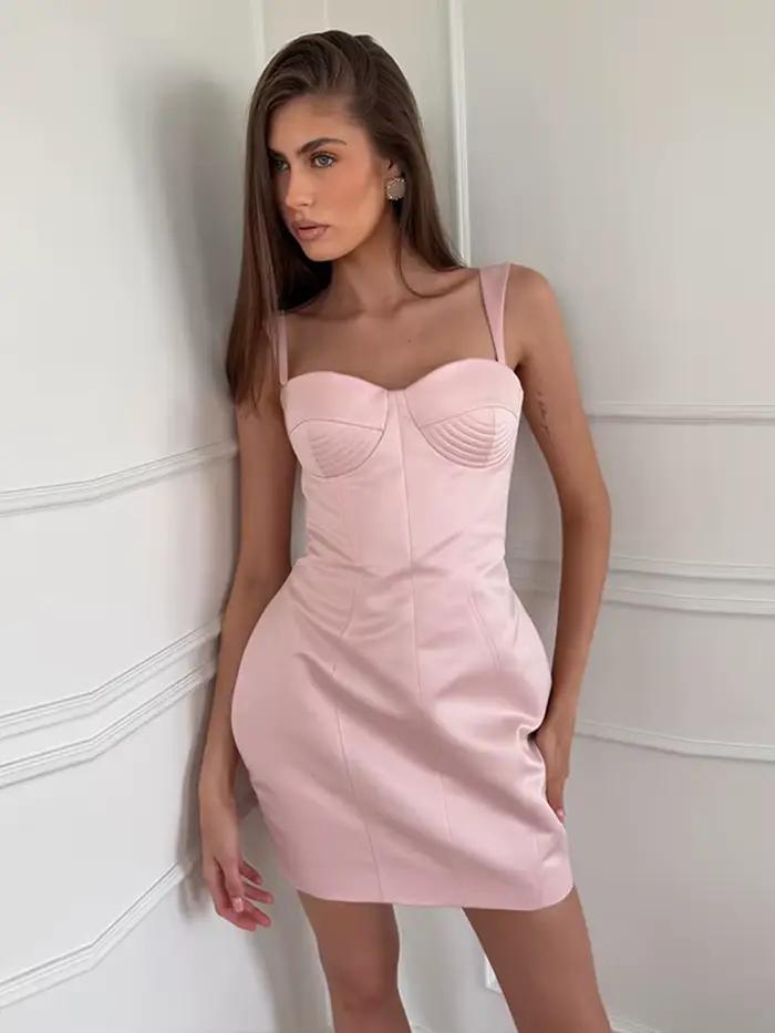 Robe Courte Moulante Bustier Femme Sexy à Bretelles Fines Sans Manches Dos Nu Cintrée à la Taille Ch