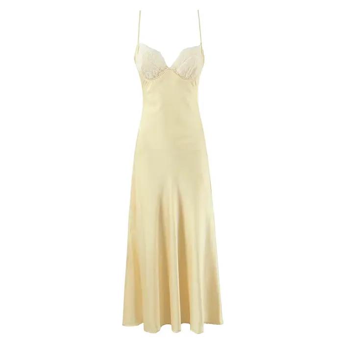 YENKYE Satin jaune fronde Sexy robes élégantes pour les femmes fines bretelles a-ligne Midi robes de