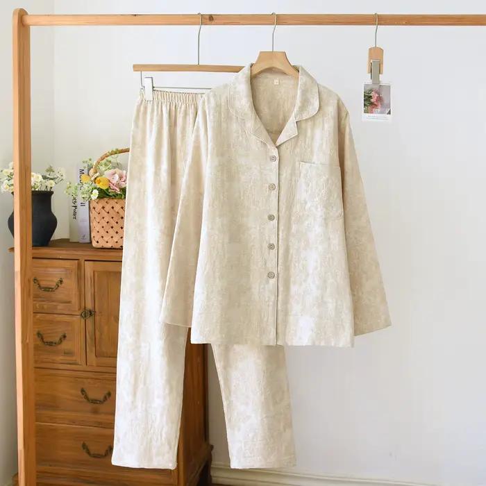Ensemble de pyjama jacquard pour couples, vêtements de nuit en coton et lin texturé, style minimalis