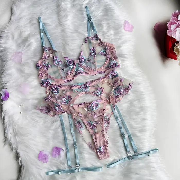 Ellolace – Lingerie féerique florale transparente, sous-vêtements à volants, jarretelles, sous-vêtem