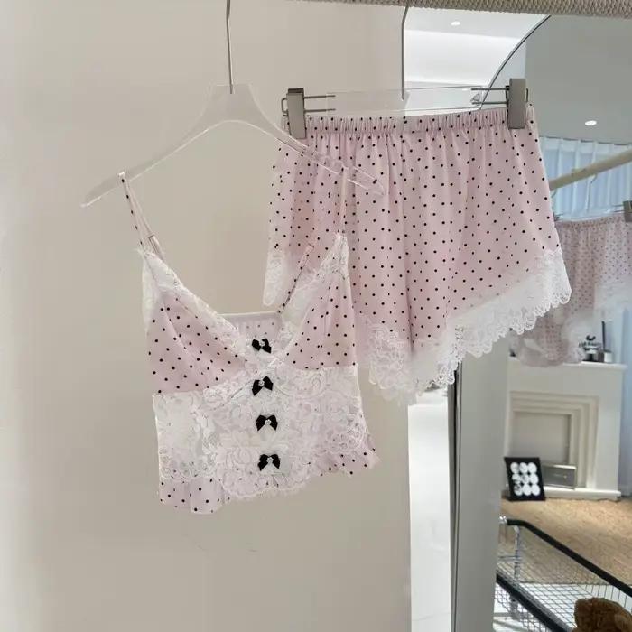 Ensemble pyjama imprimé à pois pour femmes, vêtements de nuit, Sexy, Patchwork, dentelle, sangle ave