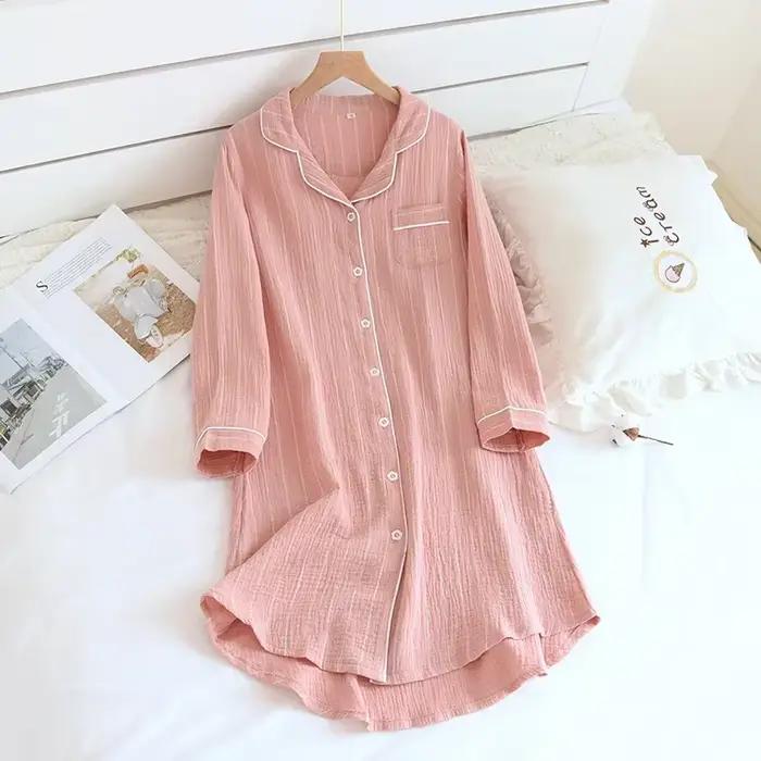 Chemise de nuit femme manches longues grande taille coton mi-longue chemise rayée robe de nuit avec 