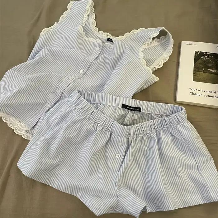Pyjama rayé pour femmes, vêtements de nuit pour enfants, ensemble 2 pièces en dentelle, vêtements de