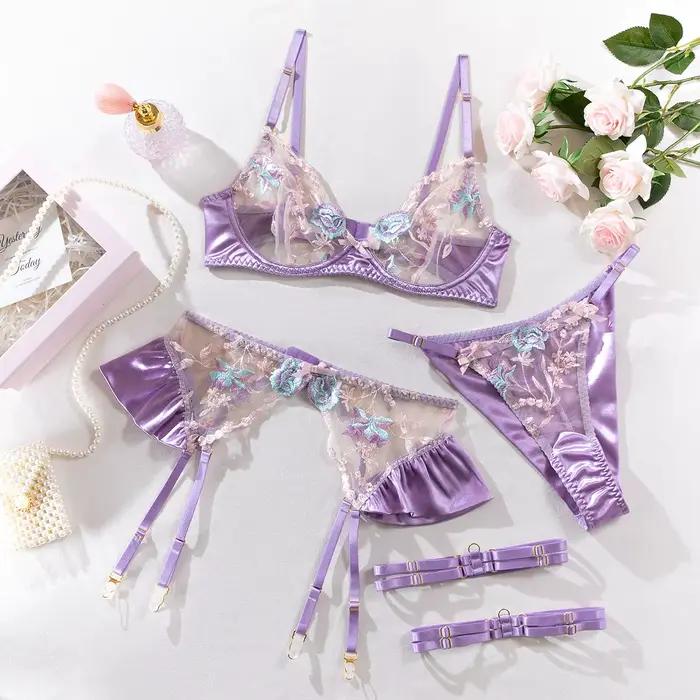 Ensemble de lingerie 3 pièces en dentelle brodée florale lilas, soutien-gorge transparent, porte-jar