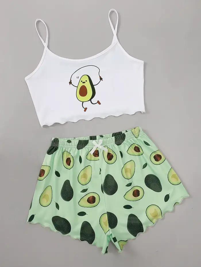 Ensemble pyjama d'été pour femmes, imprimé avocat, Camisole avec short, Lingerie décontractée et Sex
