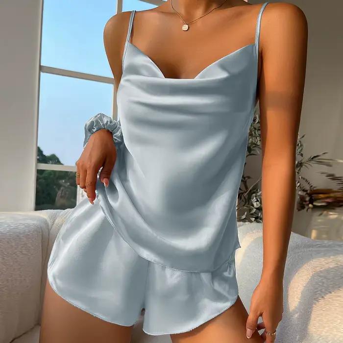 Ensemble pyjama en Satin solide, col en V, haut caraco, ceinture élastique, short, vêtements de nuit