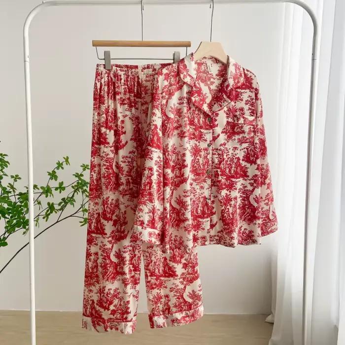 Ensemble pyjama en soie glacée et neige imprimé à l'encre pour femmes, vêtements de nuit simples à p