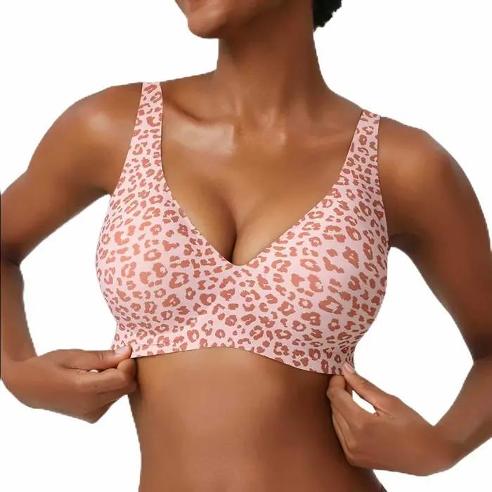 Soutien-gorge sans armatures pour femme, imprimé léopard rose, sans coutures, bonnet complet, doux, 