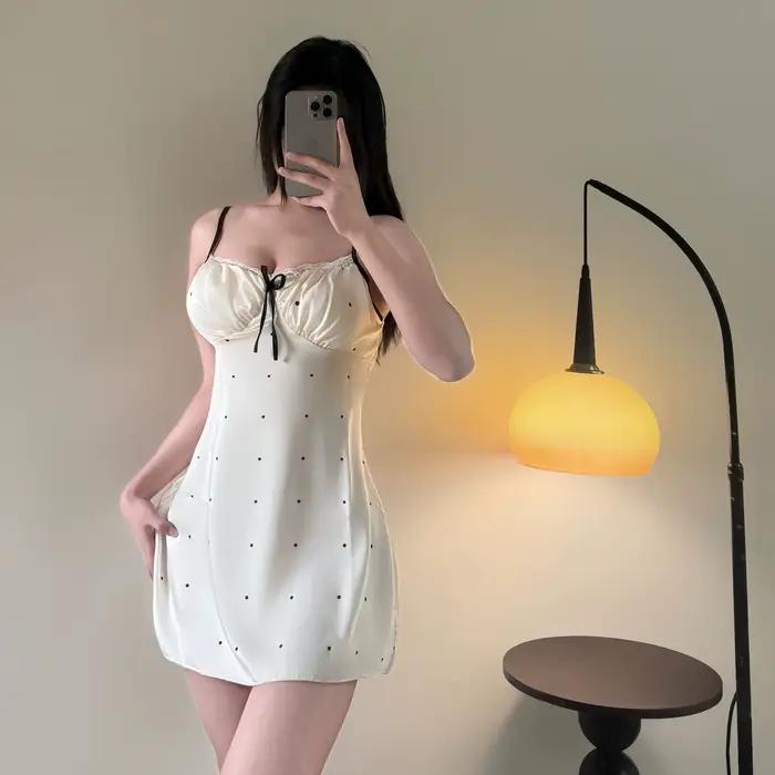 Nouvelle Robe de Nuit Sexy en Dentelle Style Pure Desire, Imprimé Doux à Pois, Fine et Légère pour l