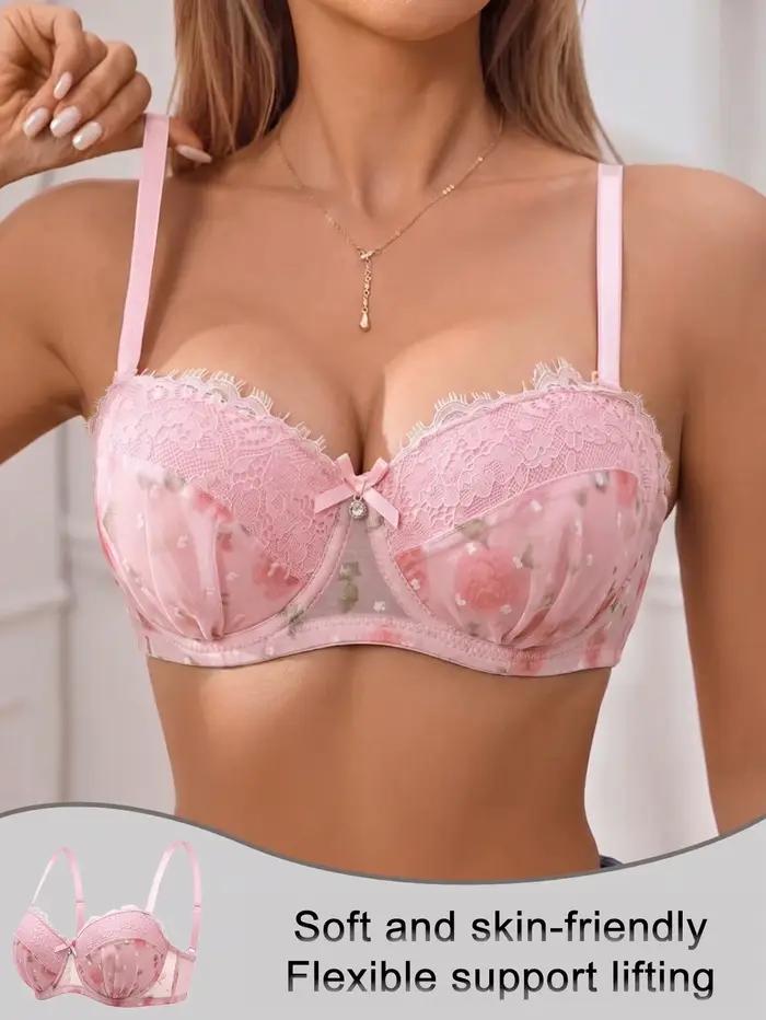 Soutien-gorge demi-coupe floral pour femme, avec dentelle cils, soutien latéral, push-up, maille res