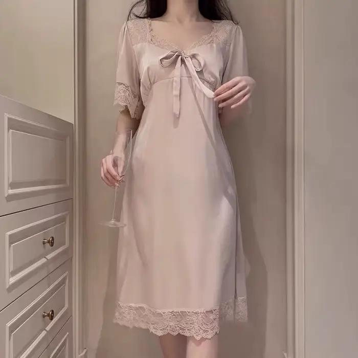 Chemise de nuit longue en dentelle à col en V pour femmes, vêtements de nuit sexy, vêtements de nuit
