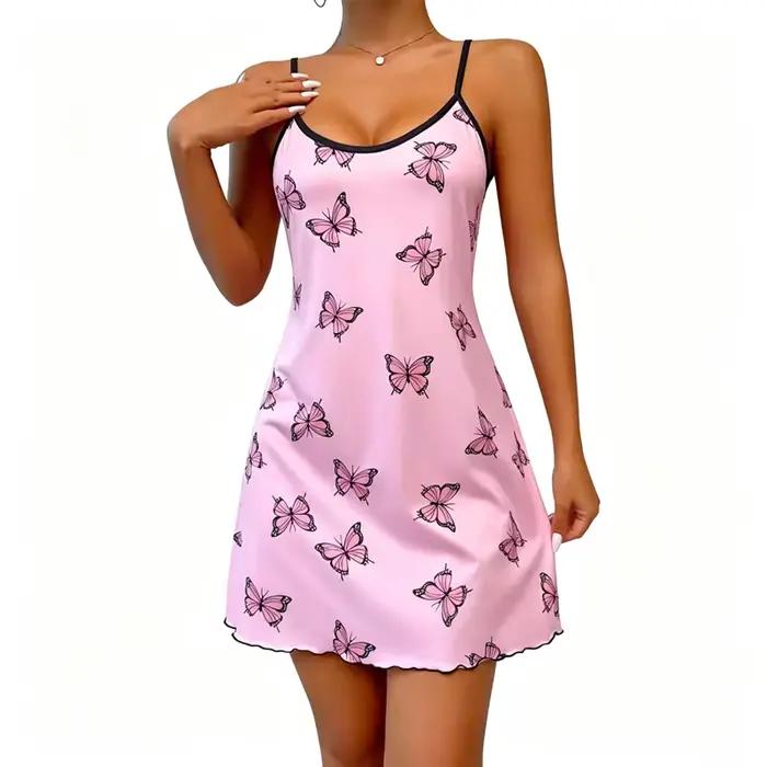 Nouvelle chemise de nuit tendance à imprimé papillon pour femme, nuisette noire à étoiles, bretelles