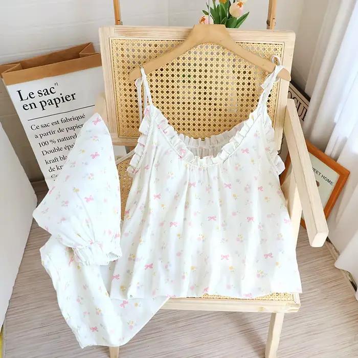 Nouveauté 2026 Pyjama en gaze double couche pour femme avec coussinets de poitrine, ensemble de déte
