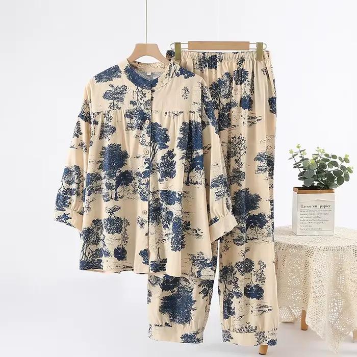 Ensemble pyjama d'été en coton de bambou pour femmes, ample, décontracté, manches sept quarts, panta