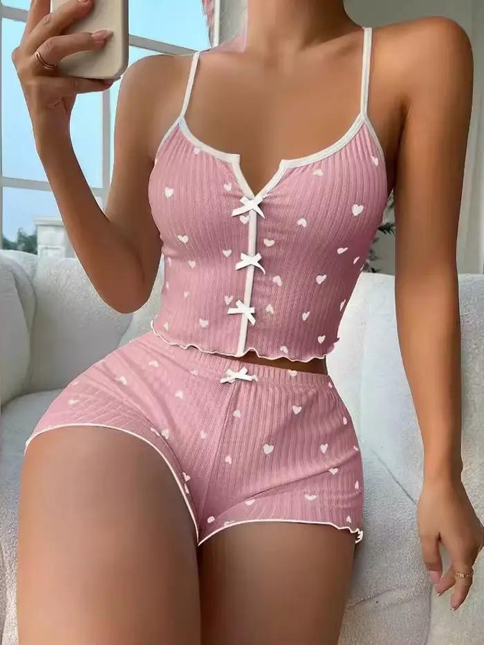 Vêtements de nuit femmes pyjamas ensemble coeur imprimé tissu côtelé doux avec glamour volants garni