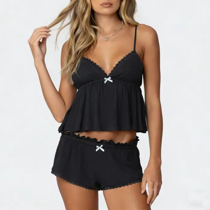 Gaono Ensemble pyjama d'été pour femme élégant avec bordure en dentelle brodée et short, vêtements d
