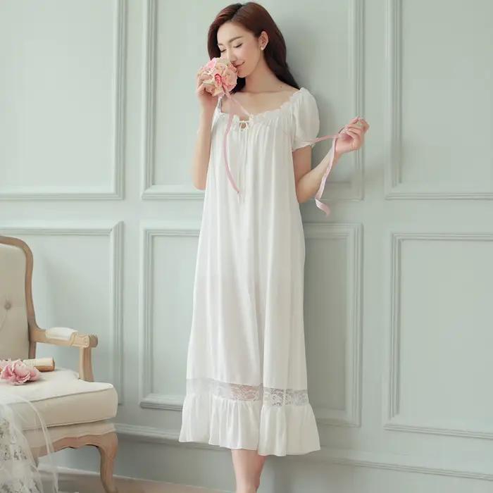 Femmes longue blanc rose chemise de nuit à manches courtes salon chemise de nuit élégant Vintage vêt