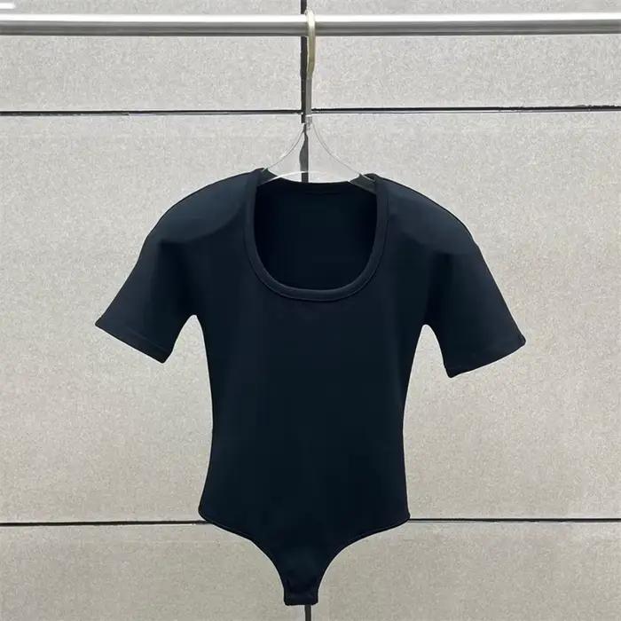 Body femme 2026 printemps nouveau élastique tricoté coupe ajustée haut à manches courtes col rond pu