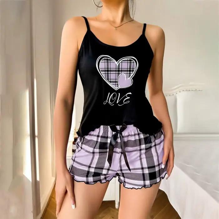 Ensemble de pyjama femme tendance motif cœur avec nœud, deux pièces, confortable, pour la maison, ca