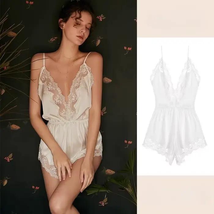 Pyjamas sexy pour femmes, combinaisons une pièce en soie glacée avec dentelle et bretelles, sous-vêt