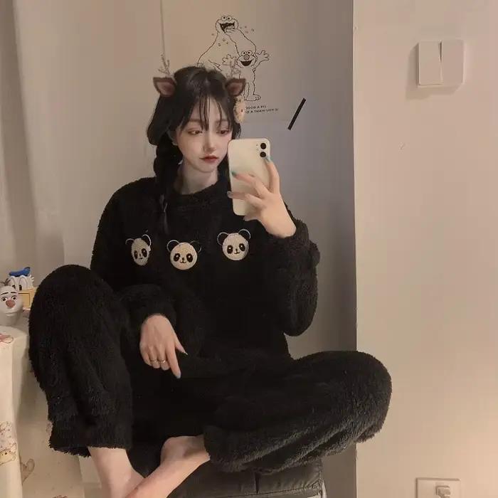 Ensemble de pyjama en polaire épais et chaud pour femme, tenue de nuit décontractée d'hiver, haut un