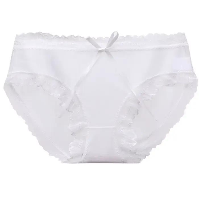 Culottes en dentelle taille basse en soie glacée avec nœud pour femme, entrejambe en coton, sans cou