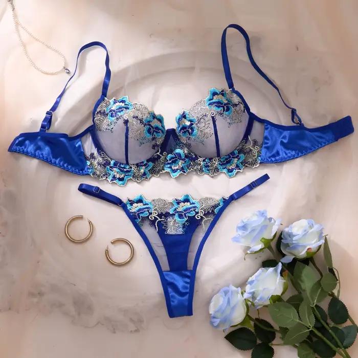 Ensemble de lingerie bleue sexy, orné de motifs floraux, alliant charme et sensualité ZA825146