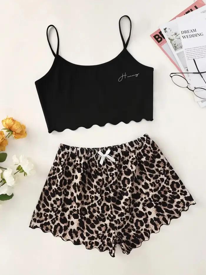 Ensemble pyjama pour femmes, Lingerie Sexy, imprimé léopard, écharpe, vêtements de nuit, col en v, h