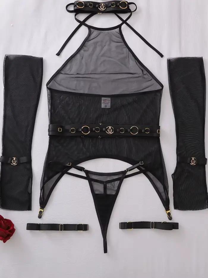 Body en dentelle noir moulant transparent, lingerie sexy érotique pour femme, avec gants et porte-ja