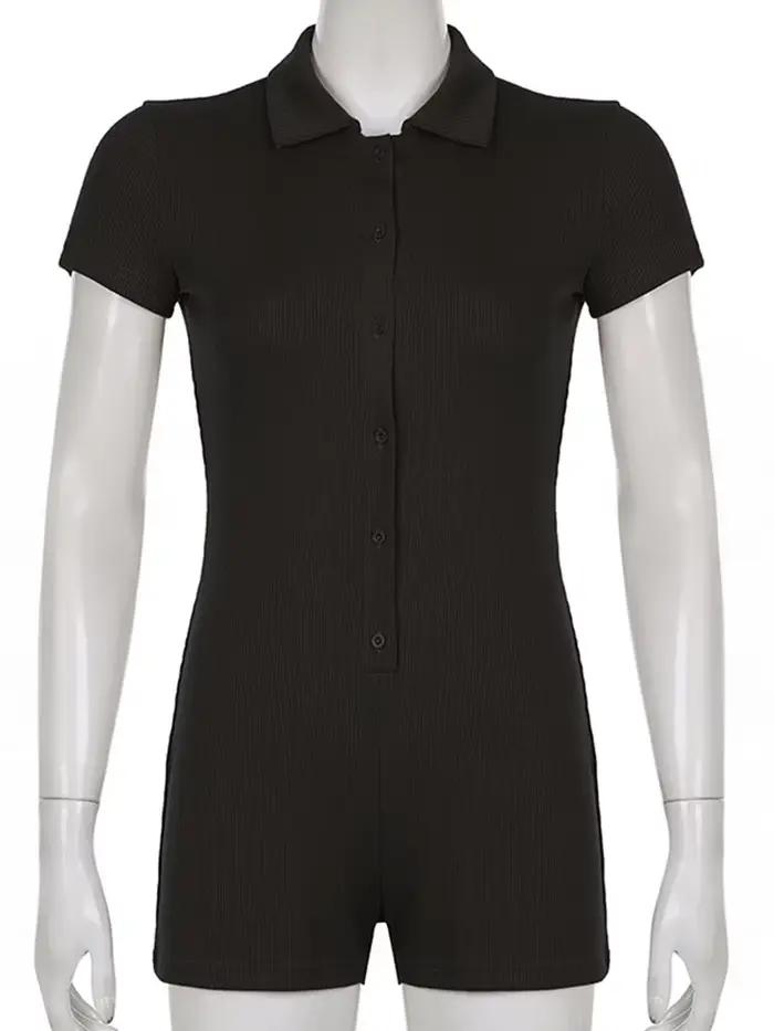 Combinaison noire côtelée à col rabattu pour femmes, body à manches courtes, simple boutonnage, bout