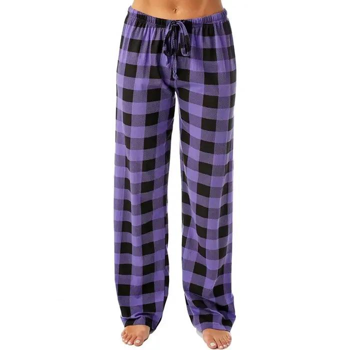 Pantalon de pyjama pour femmes, taille élastique avec cordon de serrage, jambe large droite, bas de 