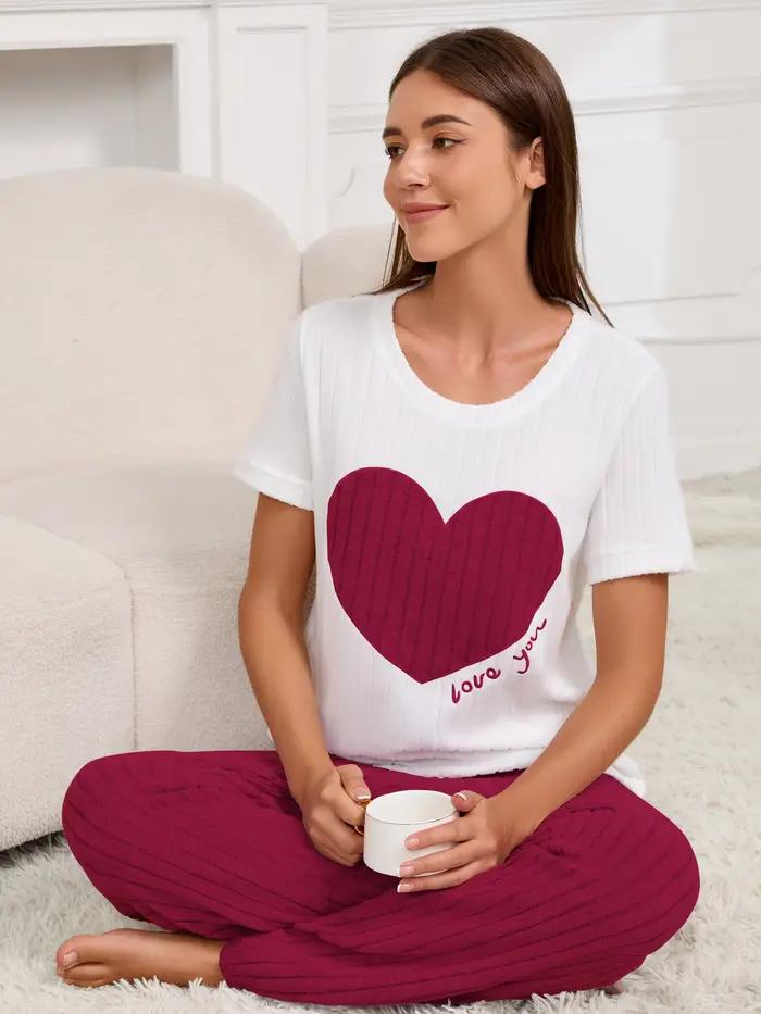 Ensemble pyjama deux pièces pour femmes, nouveau style, motif cœur, chemise à manches courtes, panta