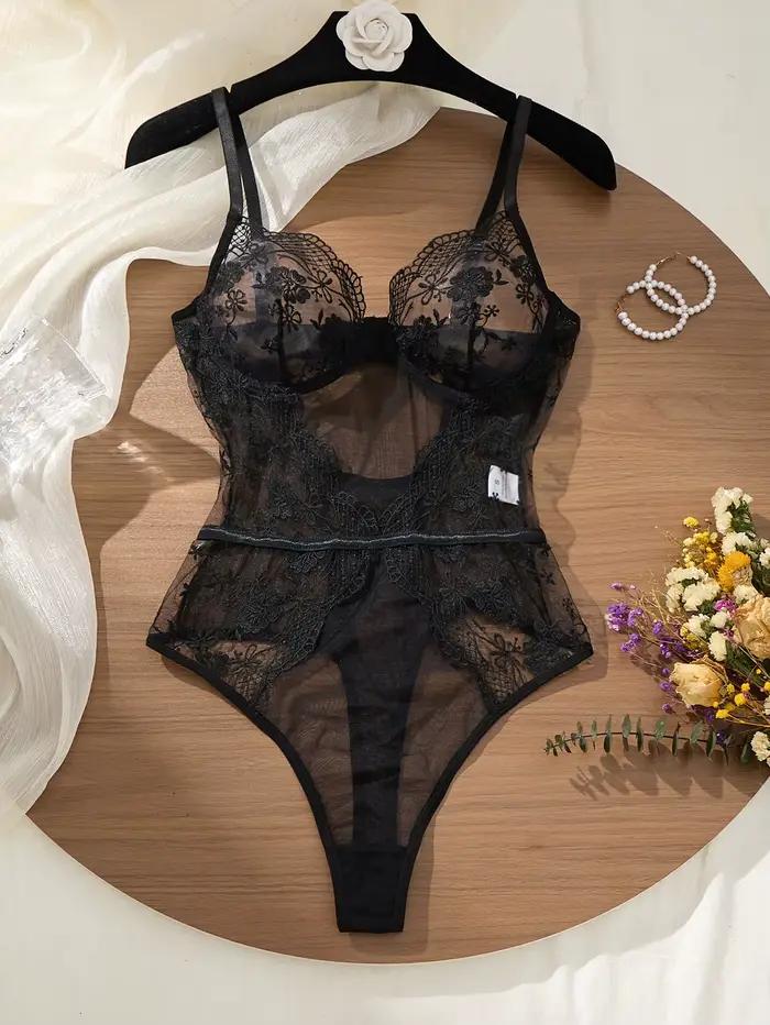 Body en dentelle noire avec broderie florale, culotte triangle taille haute sexy, design à bretelles