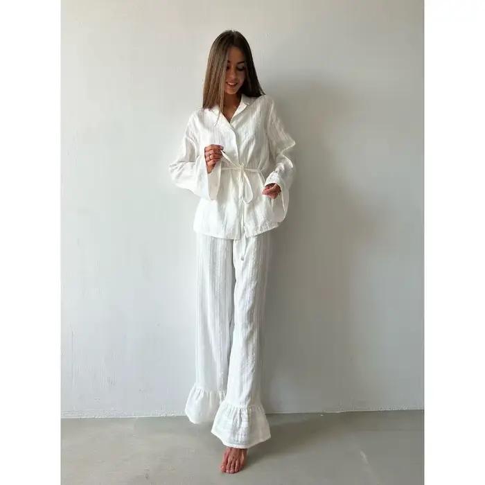Ensemble de pyjama blanc pour femme 100 % coton, col à revers, ceinture, manches longues, ourlet à v