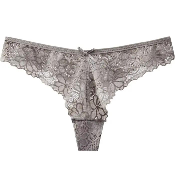Culotte taille basse en dentelle avec nœud transparent pour femme, string en coton, culotte en maill