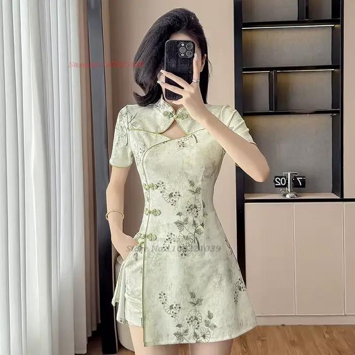 Robe de discothèque chinoise améliorée qipao sexy cheongsam imprimé floral national robe qipao + ens