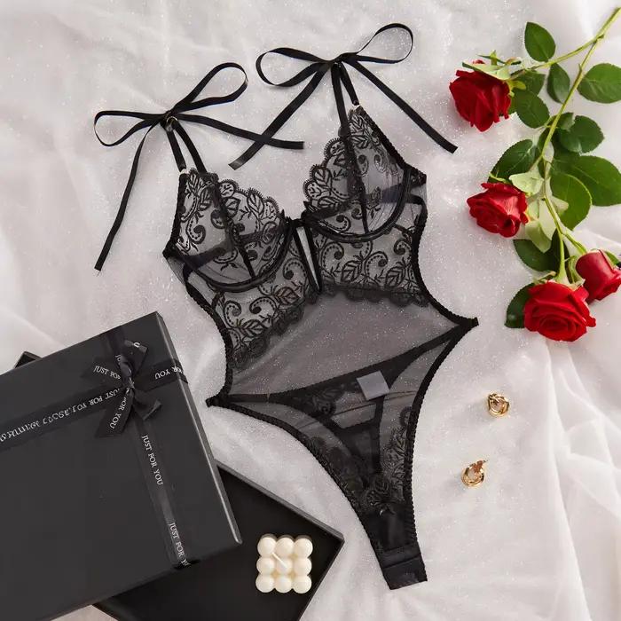Ensemble de lingerie sexy pour femmes, dentelle patchwork, broderie, sous-vêtements transparents, ma