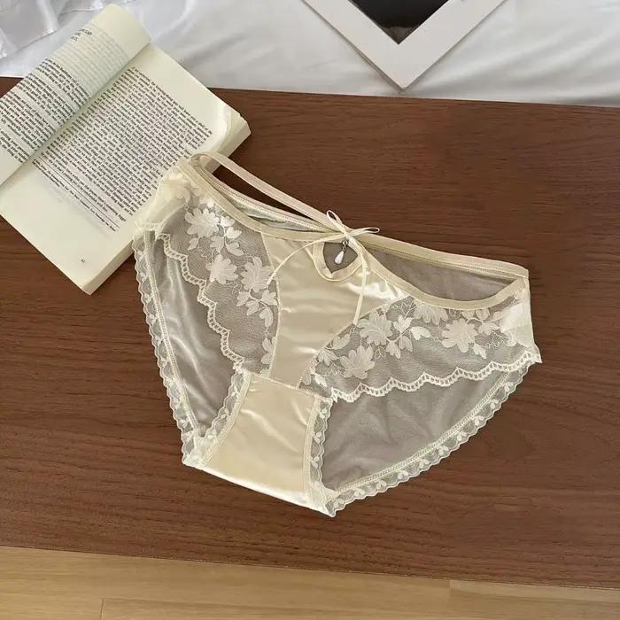 Culottes en dentelle taille basse douces pour femmes, sous-vêtements en satin de soie avec entrejamb