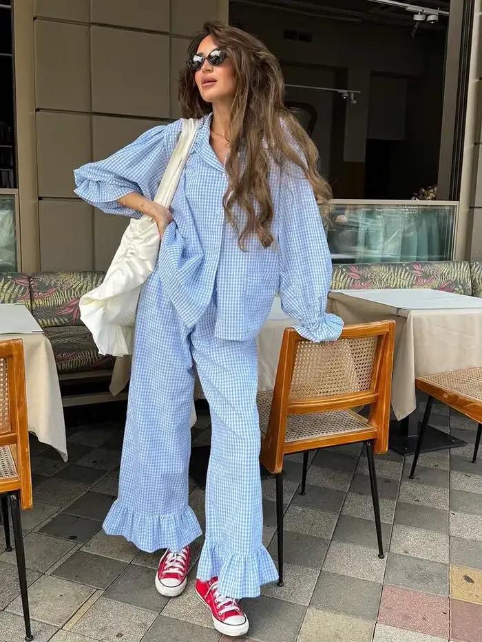 Marthaqiqi-Ensemble pyjama rayé pour femmes, vêtements de nuit à col rabattu, manches longues, chemi