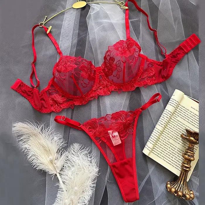 Ensemble de lingerie sexy avec broderie florale, soutien-gorge et culotte, ensemble érotique chaud, 