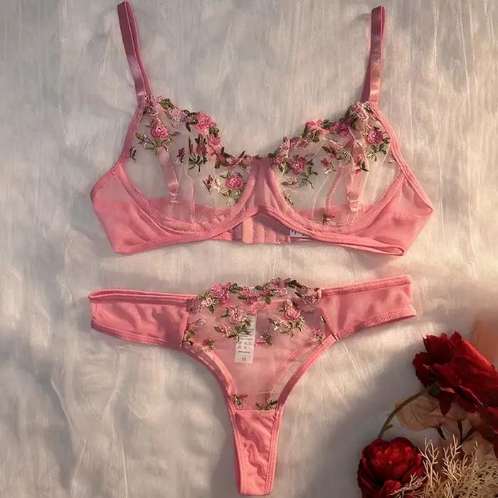 Vin rouge Transparent Lingerie broderie fleur deux pièces femme Push Up ventiler sous-vêtements stri