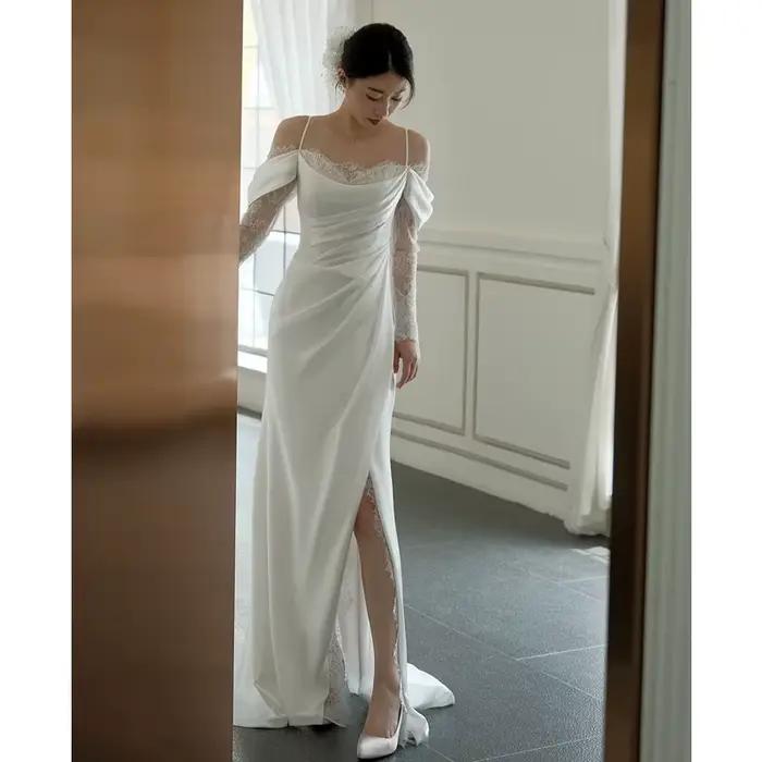 Robe de Mariée en Satin à Bretelles de Style Français, Tenue en Dentelle Traînante Simple, Nouveauté