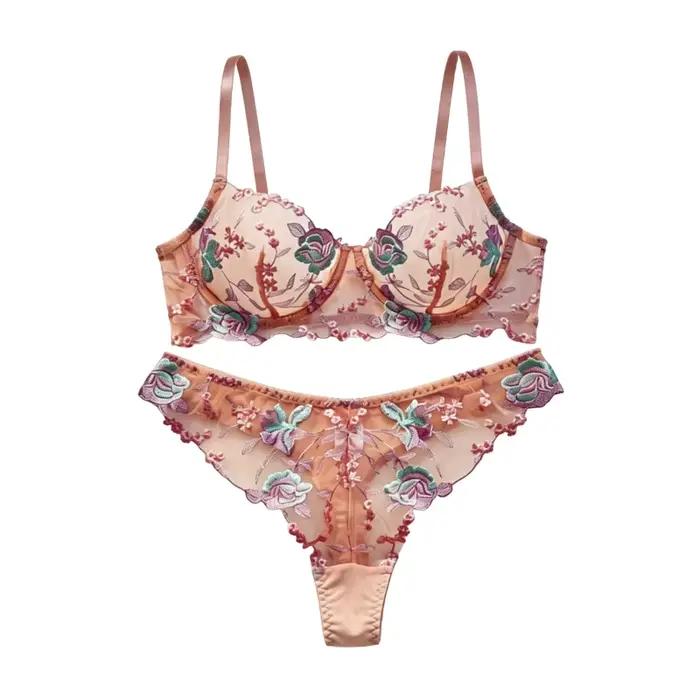 Ensemble soutien-gorge et culotte brodés pour femme, couleur pastel, avec armatures, bonnet supérieu