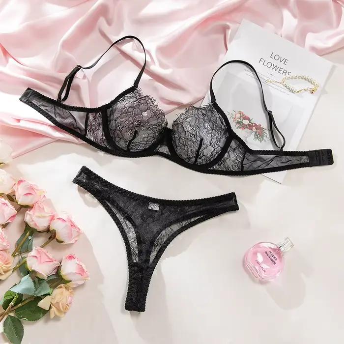 Ensemble de lingerie sexy en dentelle et maille transparente pour femme, comprenant un soutien-gorge