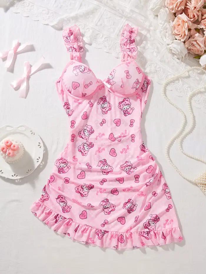 Chemise de nuit Sanrio Hello Kitty pour femme, lingerie sexy rose mignonne à col en V, dos nu, linge