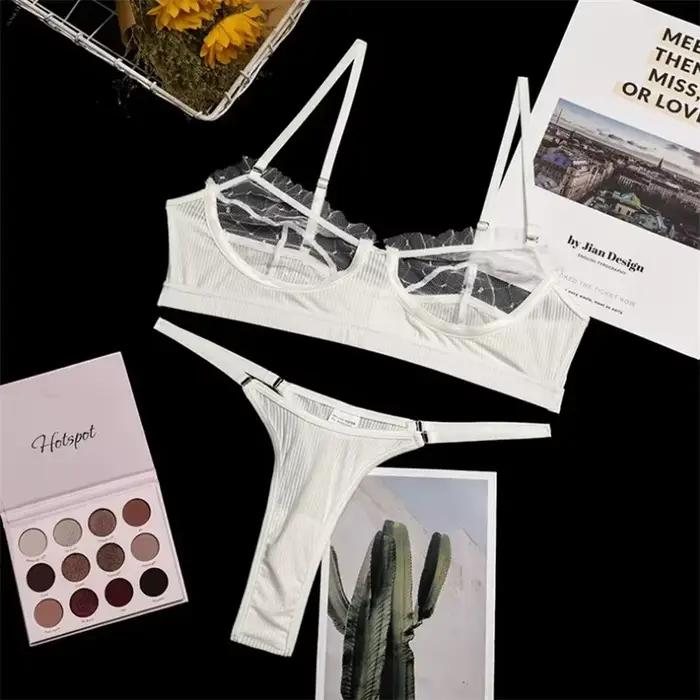Ensemble de sous-vêtements 2 pièces en dentelle et maille à volants pour femmes, soutien-gorge Trans