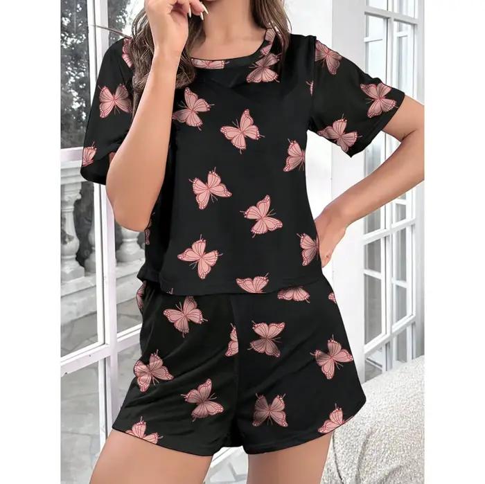 Pyjamas imprimés décontractés pour femmes, ensemble deux pièces, vêtements de nuit, shorts de pyjama