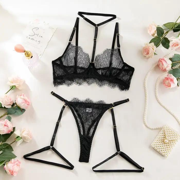 Ensemble de lingerie érotique soutien-gorge et culotte, sexy, en dentelle transparente à cils, non d