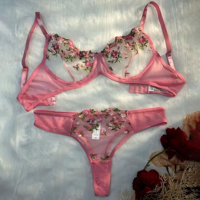 Ensemble de lingerie rose pour femme, sous-vêtements en dentelle, broderie féerique, ensembles de so